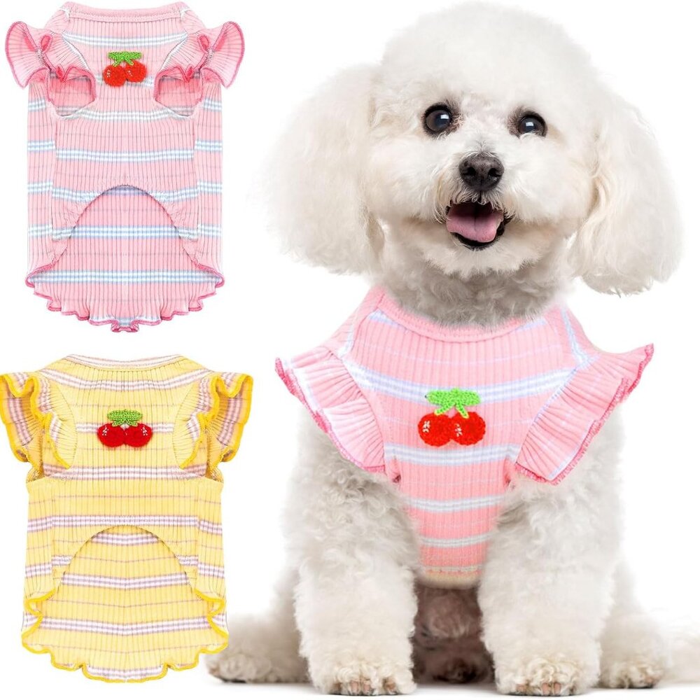 2 Pack Striped Small Dog T Shirt Cute Cherry Girl Dog Clothes for Small Dogs Cat